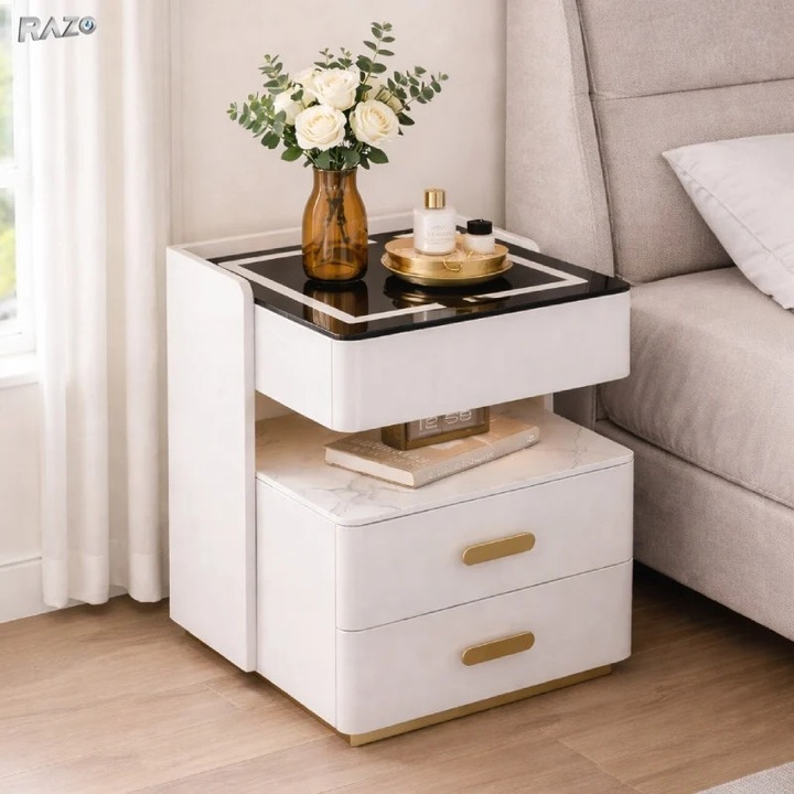 Noptiera RAZO inteligenta cu incarcare wireless, LED reglabil, Difuzor bluetooth, 3 sertare, Design modern, Alb