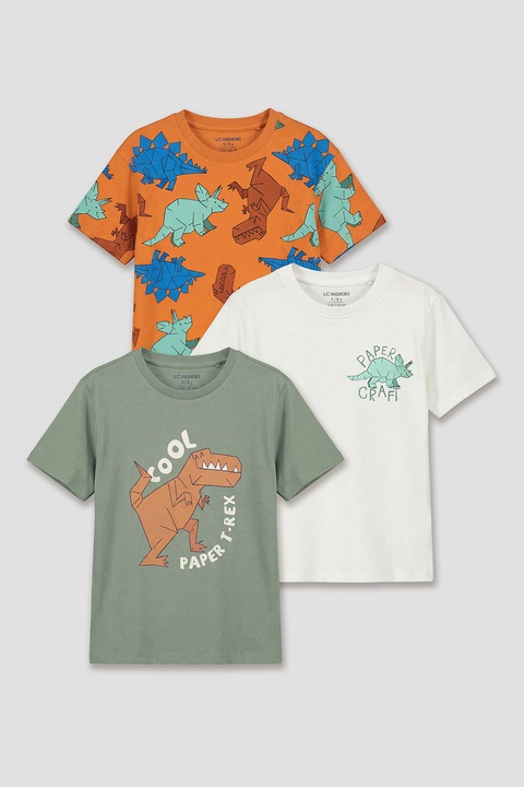 LC WAIKIKI, Set de tricouri din bumbac cu imprimeu grafic - 3 piese, Portocaliu neon, Verde pal, 98-104 CM