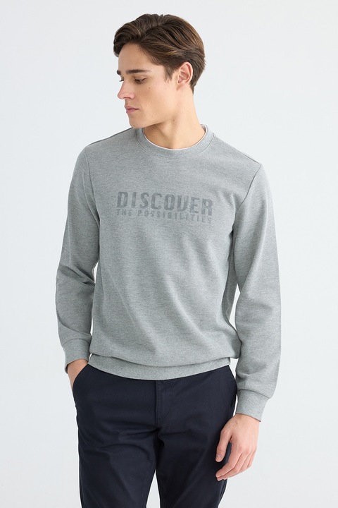 LC WAIKIKI, Bluza de trening cu croiala regular-fit si imprimeu text, Gri melange