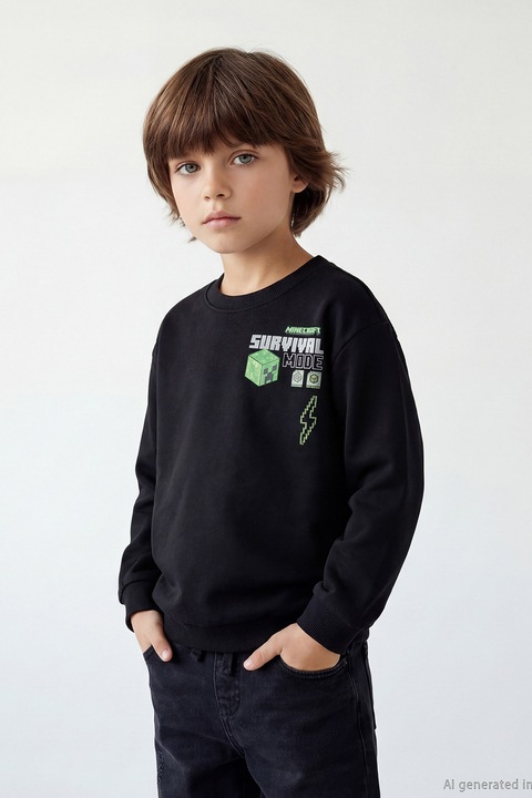 LC WAIKIKI, Bluza de trening cu imprimeu desene animate, Negru/Verde neon