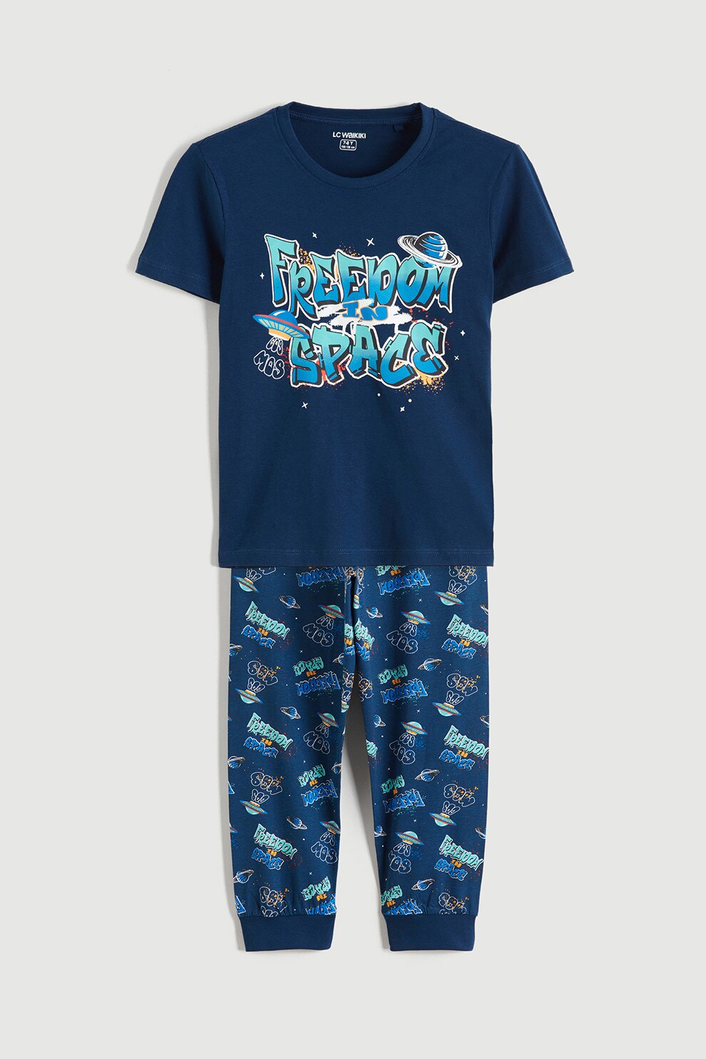 LC WAIKIKI, Pijama din bumbac cu model, Albastru inchis, 134-140 CM