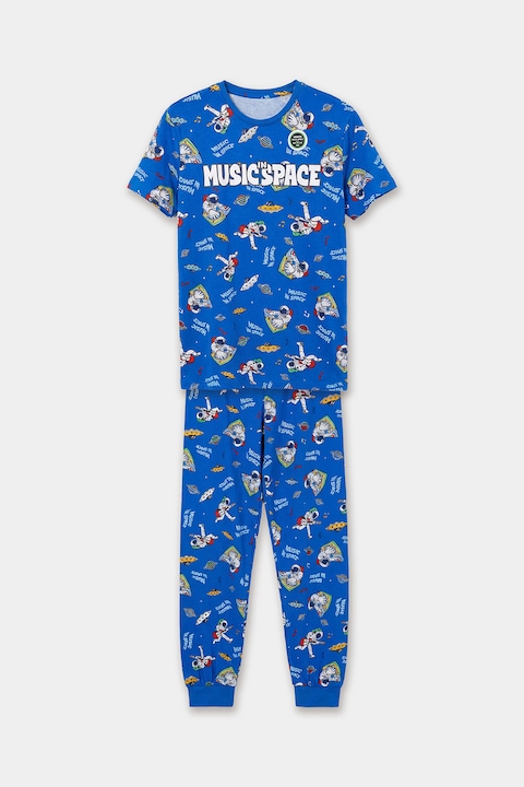 LC WAIKIKI, Pijama din bumbac cu imprimeu grafic, Albastru