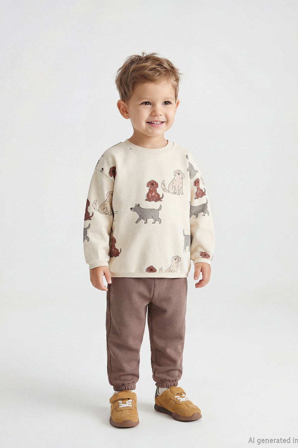 LC WAIKIKI, Set de pantaloni si bluza de trening cu imprimeu - 2 piese, Bej, Rosu stins, 68-74 CM