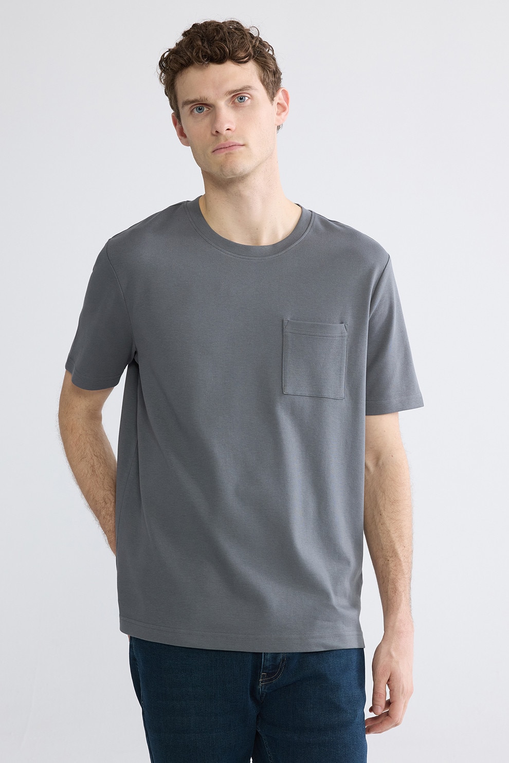 LC WAIKIKI, Tricou cu decolteu la baza gatului si buzunar pe piept, Gri inchis, M