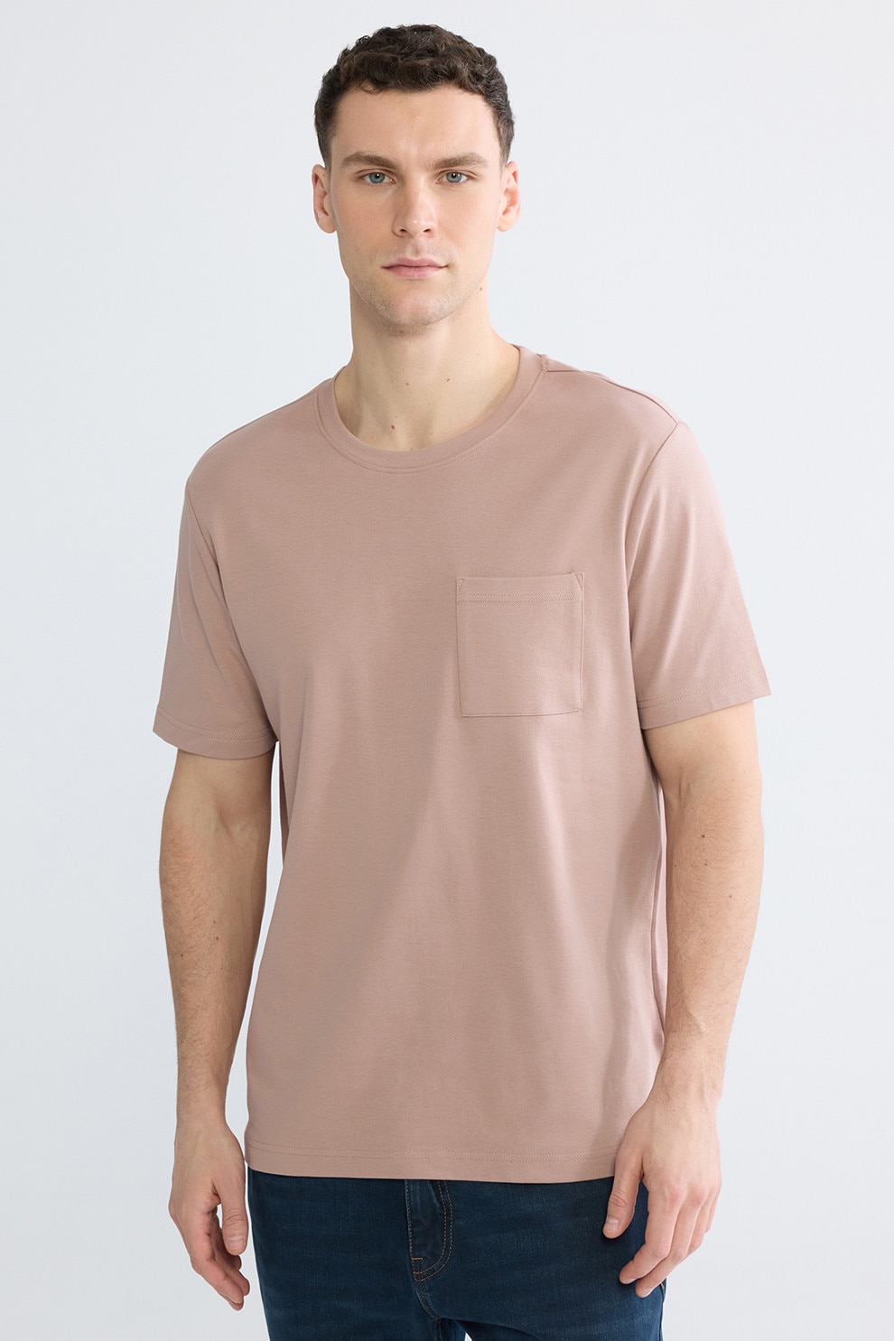 LC WAIKIKI, Tricou cu decolteu la baza gatului si buzunar pe piept, Roz prafuit, L