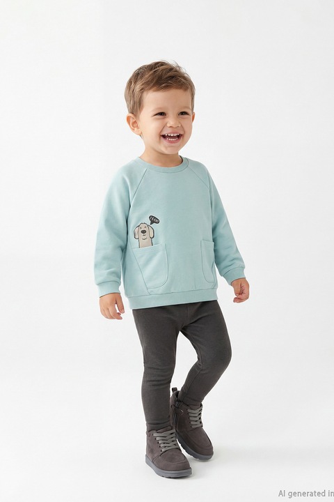 LC WAIKIKI, Set de pantaloni si bluza de trening cu decolteu la baza gatului - 2 piese, Albastru deschis/Gri antracit