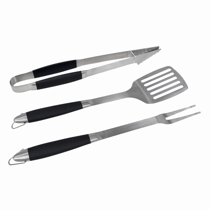 Set ustensile pentru grătar Wertcraft, spatulă 44x10cm, clește 42x5.5cm, furculiță 44x3.5cm, inox, TPR