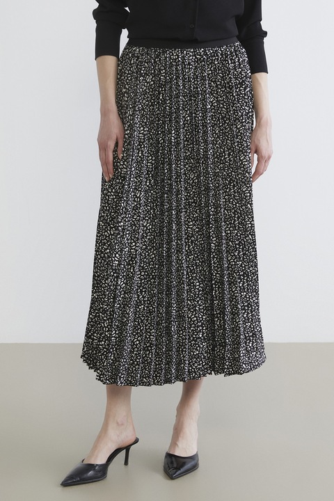 LC WAIKIKI, Fusta midi cu pliuri si animal print, Alb/Negru