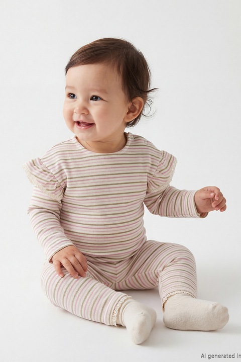 LC WAIKIKI, Set de bluza si pantaloni cu dungi - 2 piese, Alb fildes/Roz deschis/Maro pamantiu