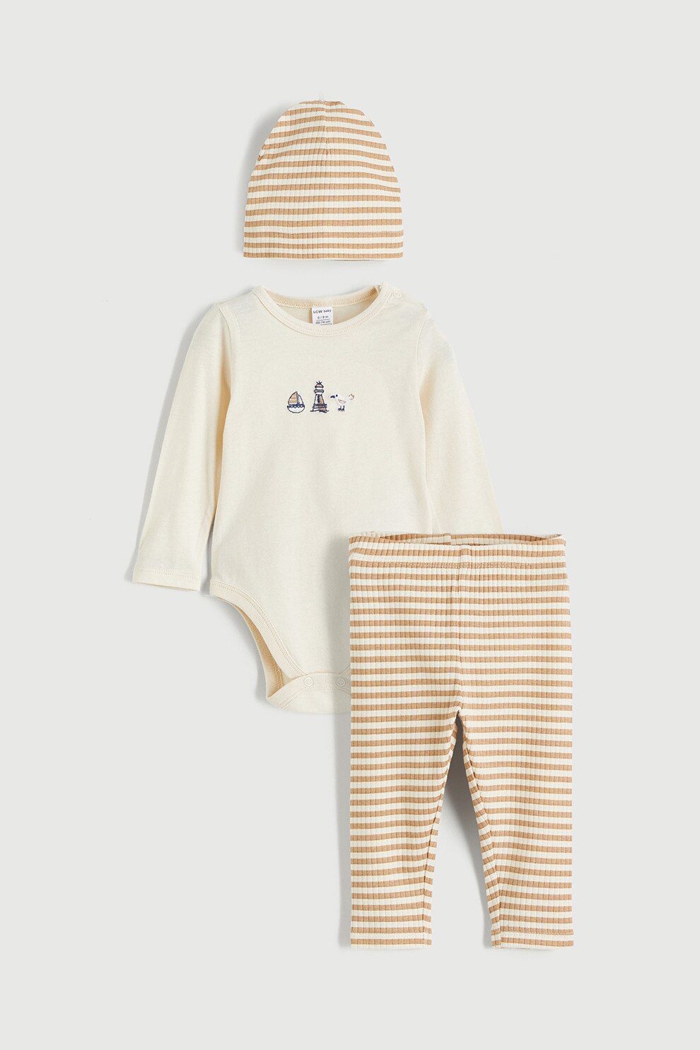 LC WAIKIKI, Set de caciula din amestec de bumbac, body si pantaloni - 3 piese, Maro deschis, Bej deschis, 62-68 CM