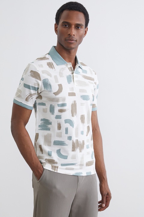 LC WAIKIKI, Tricou polo din bumbac cu model, Alb murdar/Verde menta/Maro pamantiu