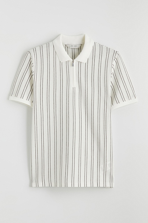 LC WAIKIKI, Tricou polo cu croiala slim-fit si dungi, Alb/Gri inchis