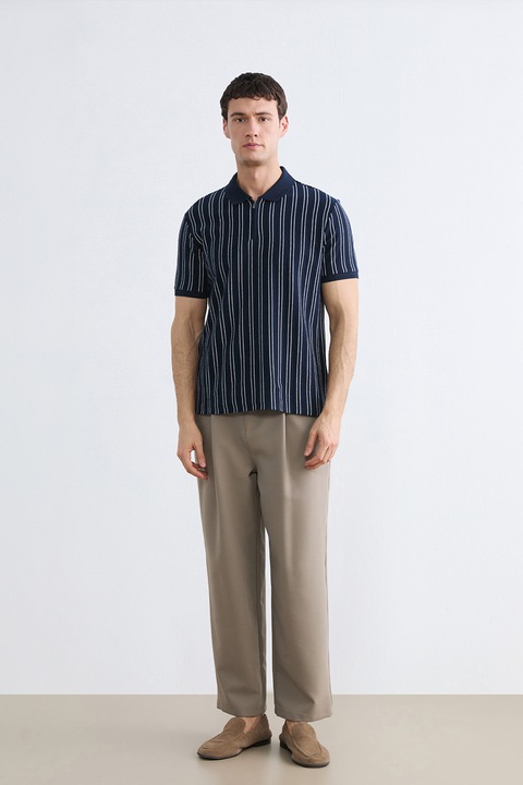 LC WAIKIKI, Tricou polo cu croiala slim-fit si dungi, Alb/Albastru ultramarin