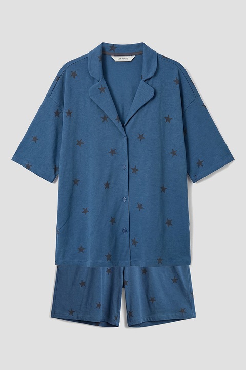 LC WAIKIKI, Pijama din bumbac cu pantaloni scurti si stele, Negru/Albastru gentian