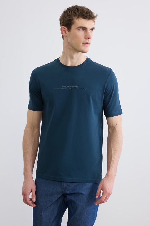 LC WAIKIKI, Tricou din bumbac cu imprimeu text, Albastru petrol