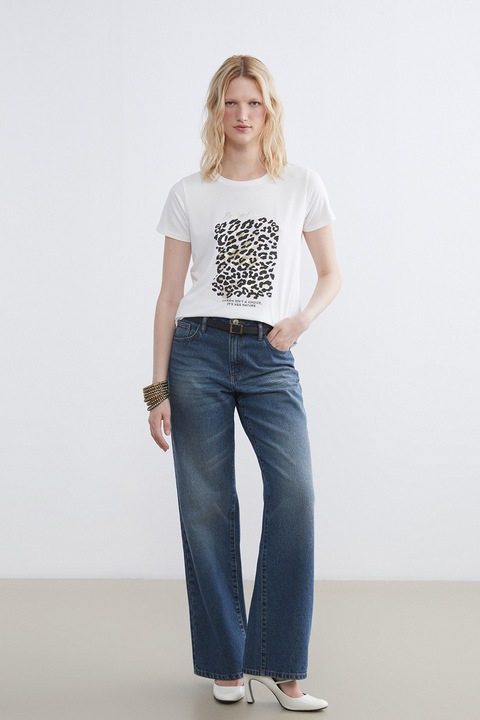 LC WAIKIKI, Tricou cu animal print, Alb/Auriu/Negru