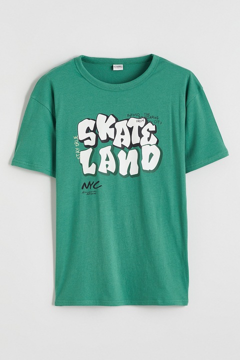 LC WAIKIKI, Tricou din bumbac cu imprimeu text pe piept, Alb, Verde, 152-158 CM