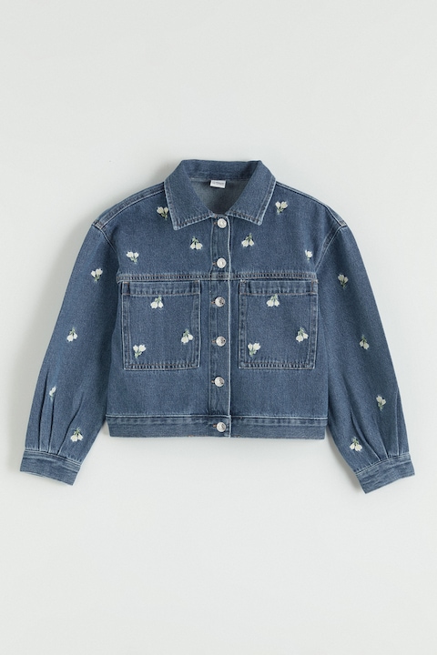 LC WAIKIKI, Jacheta din denim cu flori brodate, Albastru inchis melange