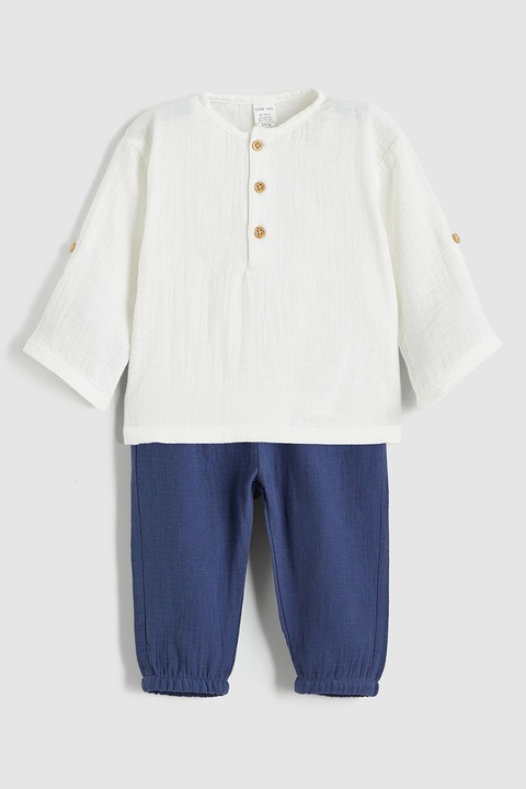 LC WAIKIKI, Set de bluza cu nasturi si pantaloni - 2 piese, Alb fildes/Albastru indigo, 86-92 CM