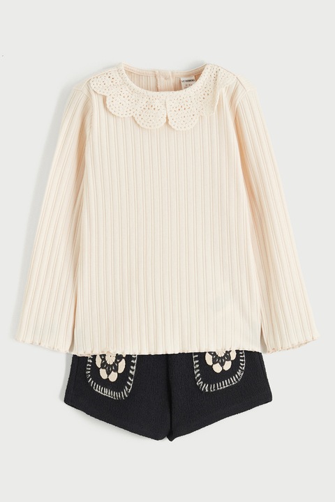 LC WAIKIKI, Set de bluza cu guler Peter Pan si pantaloni scurti - 2 piese, Negru/Piersica