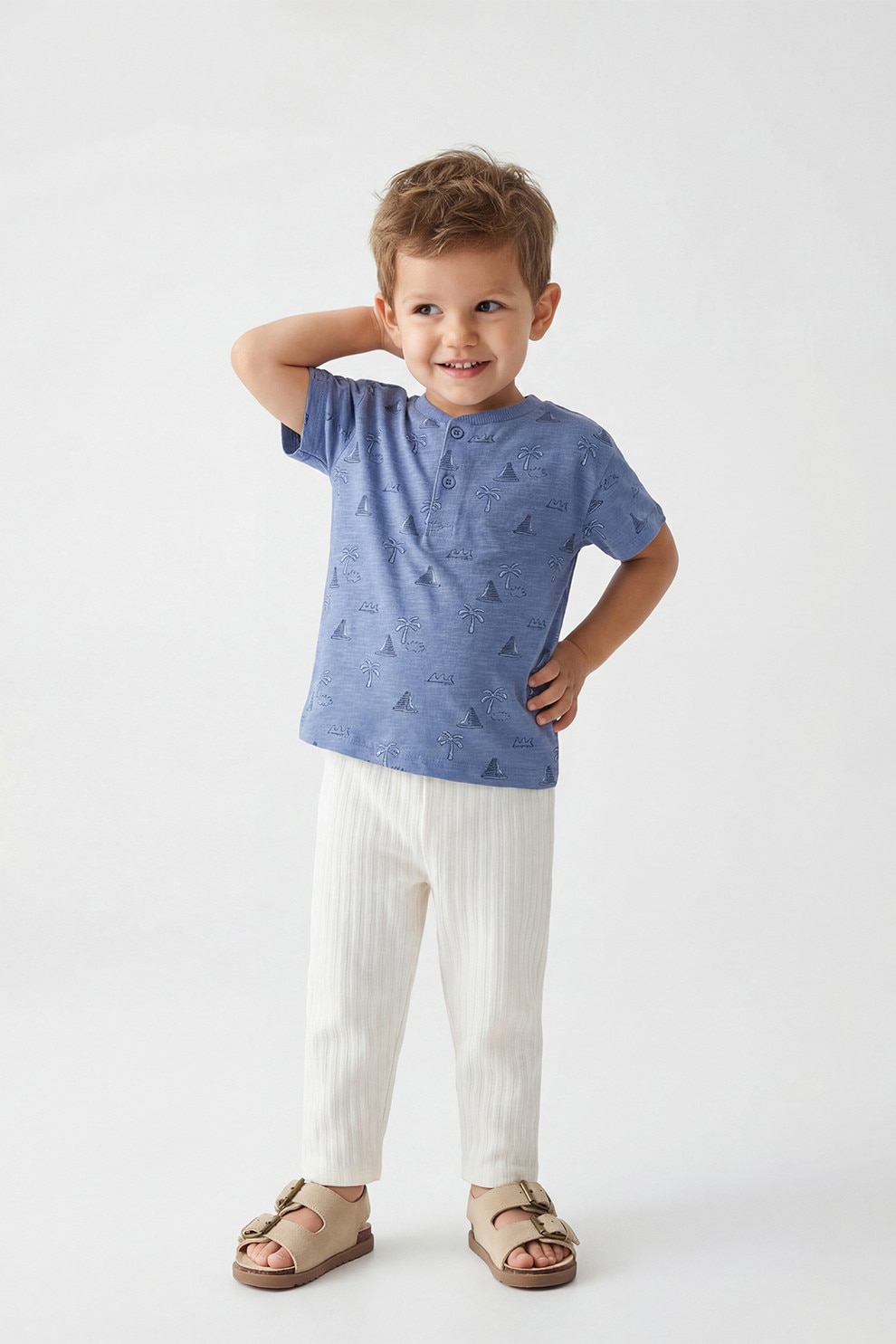 LC WAIKIKI, Set de tricou din bumbac si pantaloni - 2 piese, Alb fildes, Albastru stins, 68-74 CM