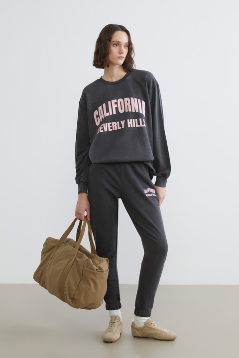 LC WAIKIKI, Bluza de trening cu croiala lejera si imprimeu, Roz pal, Gri antracit, M