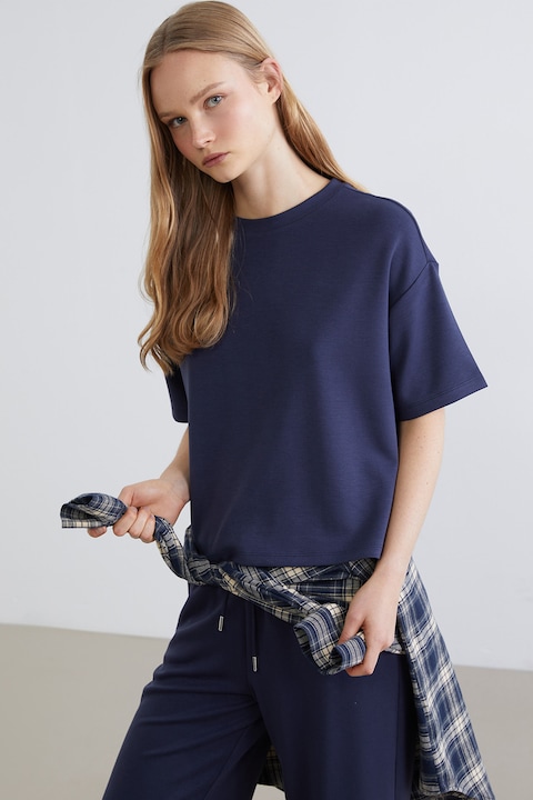 LC WAIKIKI, Tricou supradimensionat cu decolteu la baza gatului, Albastru indigo