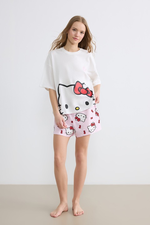 LC WAIKIKI, Pijama din bumbac cu model Hello Kitty, Rosu, Alb, Roz deschis, XL