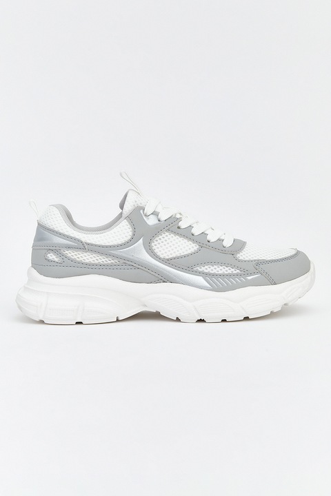 LC WAIKIKI, Pantofi sport cu garnituri din material sintetic si insertii de plasa, Alb/Gri