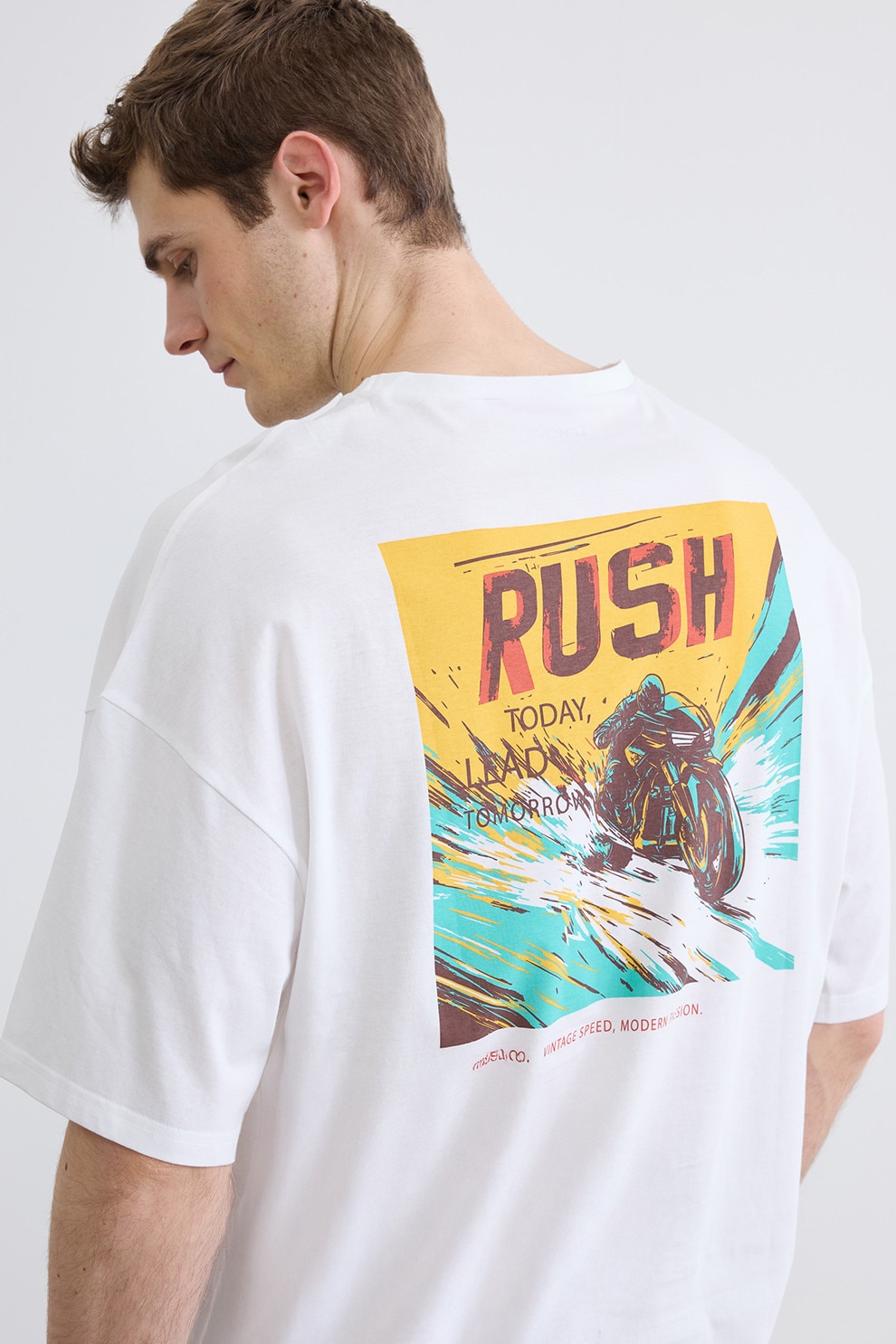 LC WAIKIKI, Tricou de bumbac cu imprimeu pe spate, Alb, Galben, Turcoaz, XL