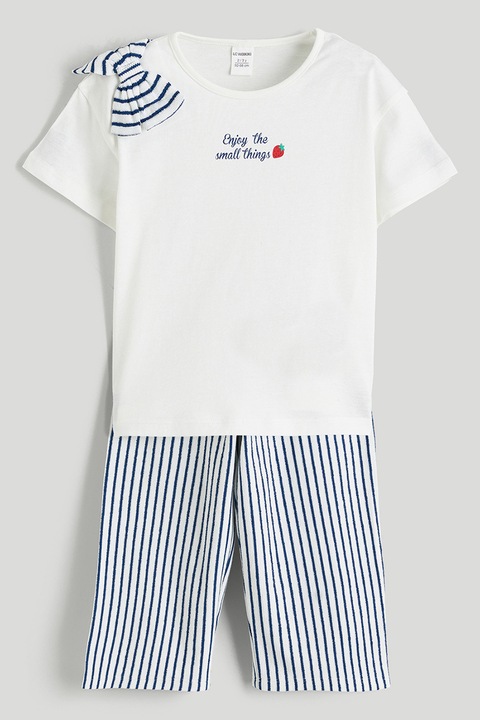 LC WAIKIKI, Set de tricou de bumbac si pantaloni - 2 piese, Alb/Albastru inchis