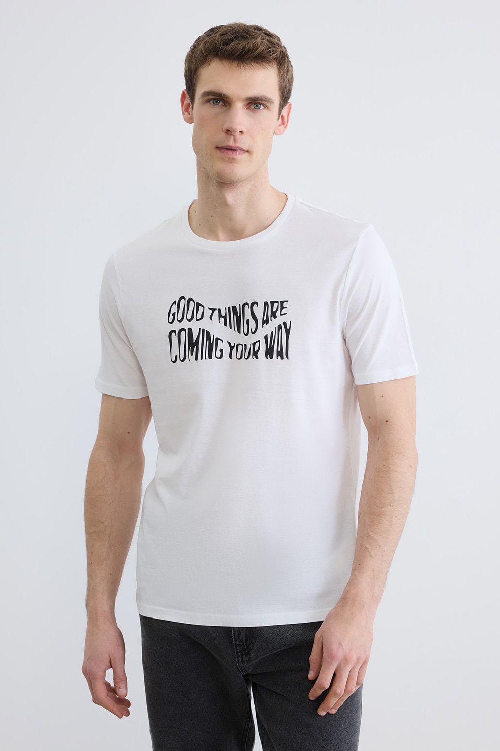 LC WAIKIKI, Tricou regular fit cu imprimeu text, Negru, Alb optic, L