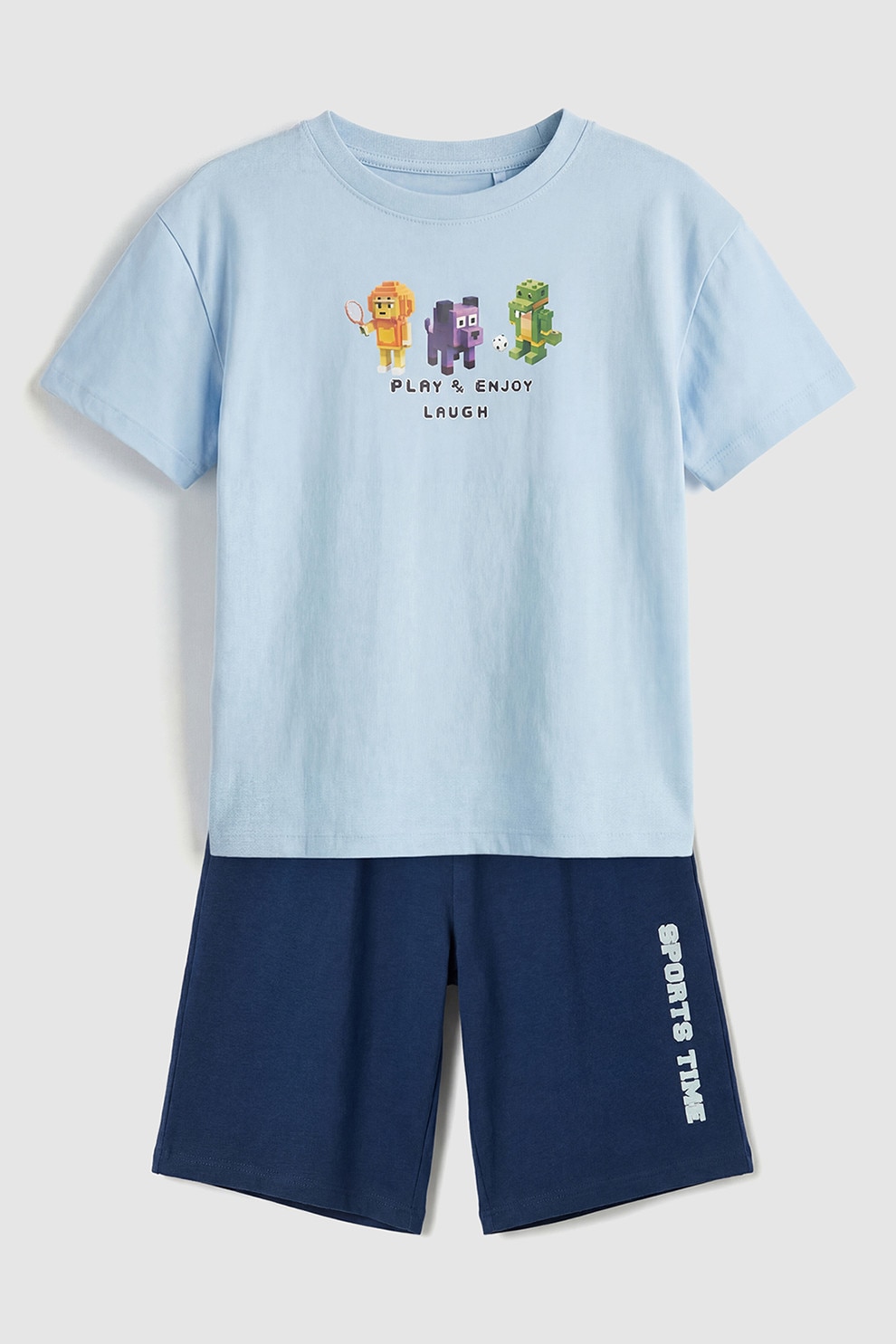 LC WAIKIKI, Pijama cu maneci scurte si imprimeu grafic, Verde, Portocaliu, Albastru, 116-122 CM