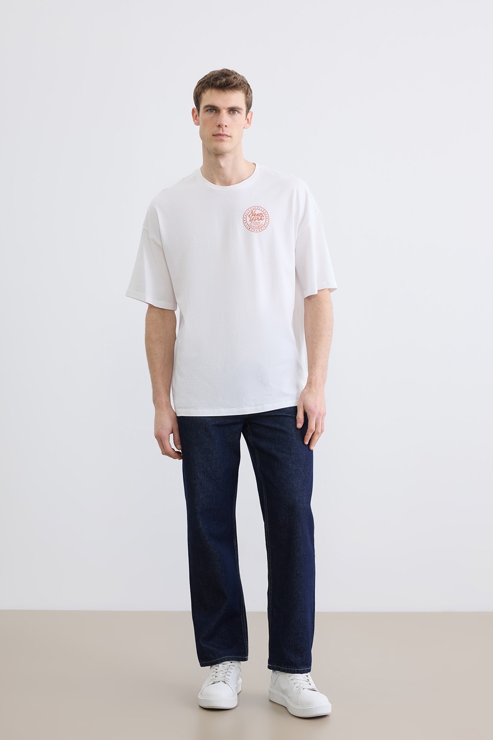 LC WAIKIKI, Tricou de bumbac cu decolteu la baza gatului, Alb, Portocaliu, M