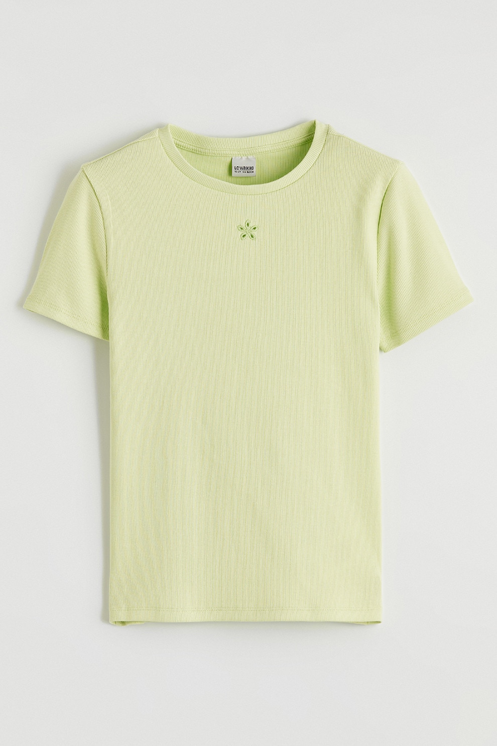 LC WAIKIKI, Tricou striat cu broderie discreta, Verde fistic, 146-152 CM