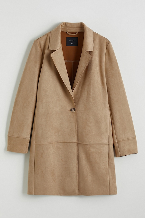 LC WAIKIKI, Palton din piele intoarsa ecologica cu guler cu revere decupate, Bej inchis, 36