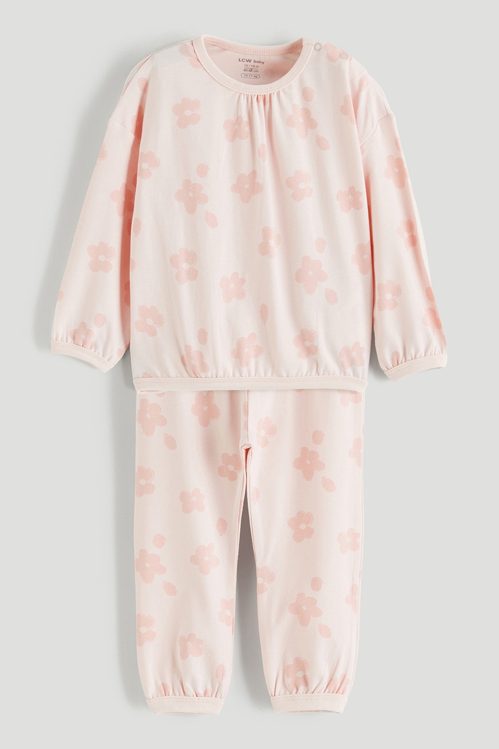 LC WAIKIKI, Pijama cu pantaloni lungi si model floral, Roz pastel, Roz pal, 56-62 CM