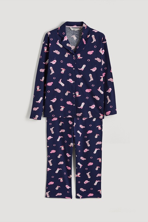 LC WAIKIKI, Pijama din bumbac cu imprimeu, Roz pastel/Bleumarin