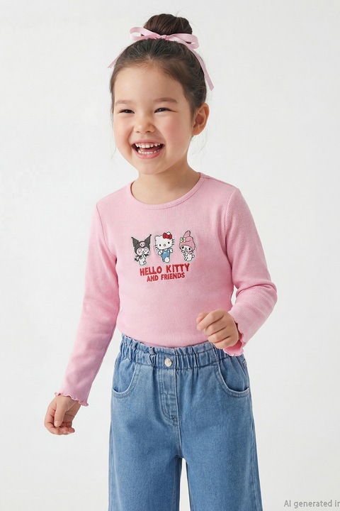 LC WAIKIKI, Bluza cu broderie cu Hello Kitty, Rosu/Negru/Roz deschis