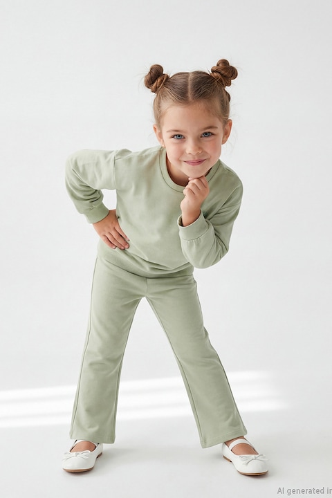 LC WAIKIKI, Set de bluza de trening lejera si pantaloni evazati - 2 piese, Verde pal/Verde sparanghel