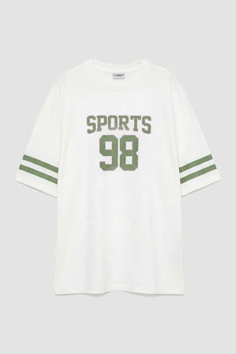 LC WAIKIKI, Tricou din bumbac cu imprimeu grafic, Alb/Verde feriga