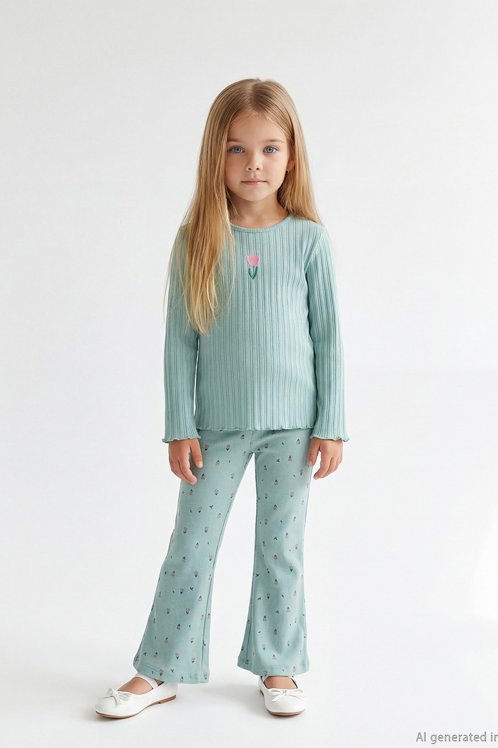 LC WAIKIKI, Set de bluza cu imprimeu floral si colanti, Roz pastel, Verde persan, 122-128 CM