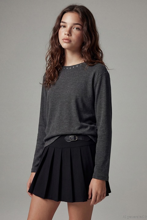 LC WAIKIKI, Bluza cu aplicatii cu nituri pe decolteu, Argintiu/Gri inchis