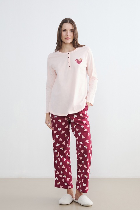 Model Cu Inimi LC WAIKIKI, Pijama lunga din bumbac cu model cu inimi, Rosu inchis, Roz ...