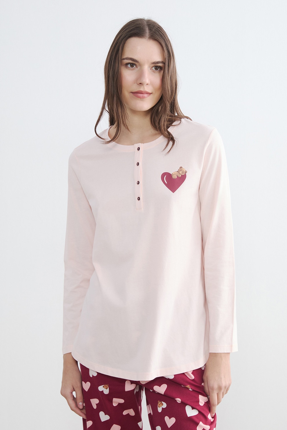 Model Cu Inimi LC WAIKIKI, Pijama lunga din bumbac cu model cu inimi, Rosu inchis, Roz ...