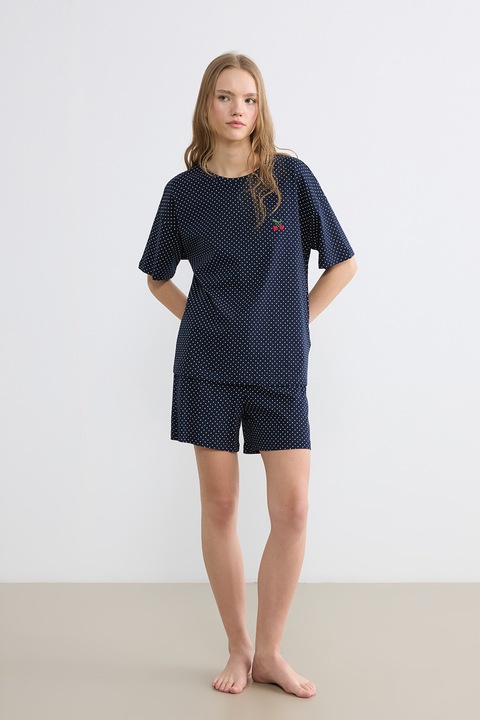 LC WAIKIKI, Pijama scurta cu buline si snur de ajustare, Alb/Albastru ultramarin/Rosu vermillion