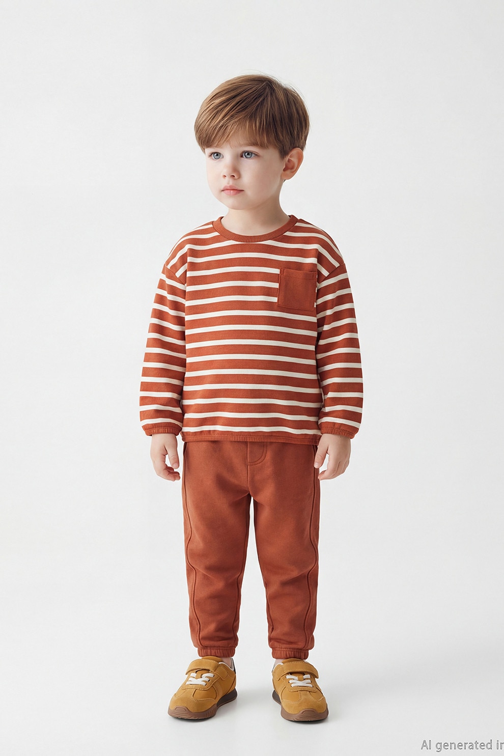 LC WAIKIKI, Set de bluza si pantaloni de trening cu model in dungi, Alb, Caramiziu, 80-86 CM