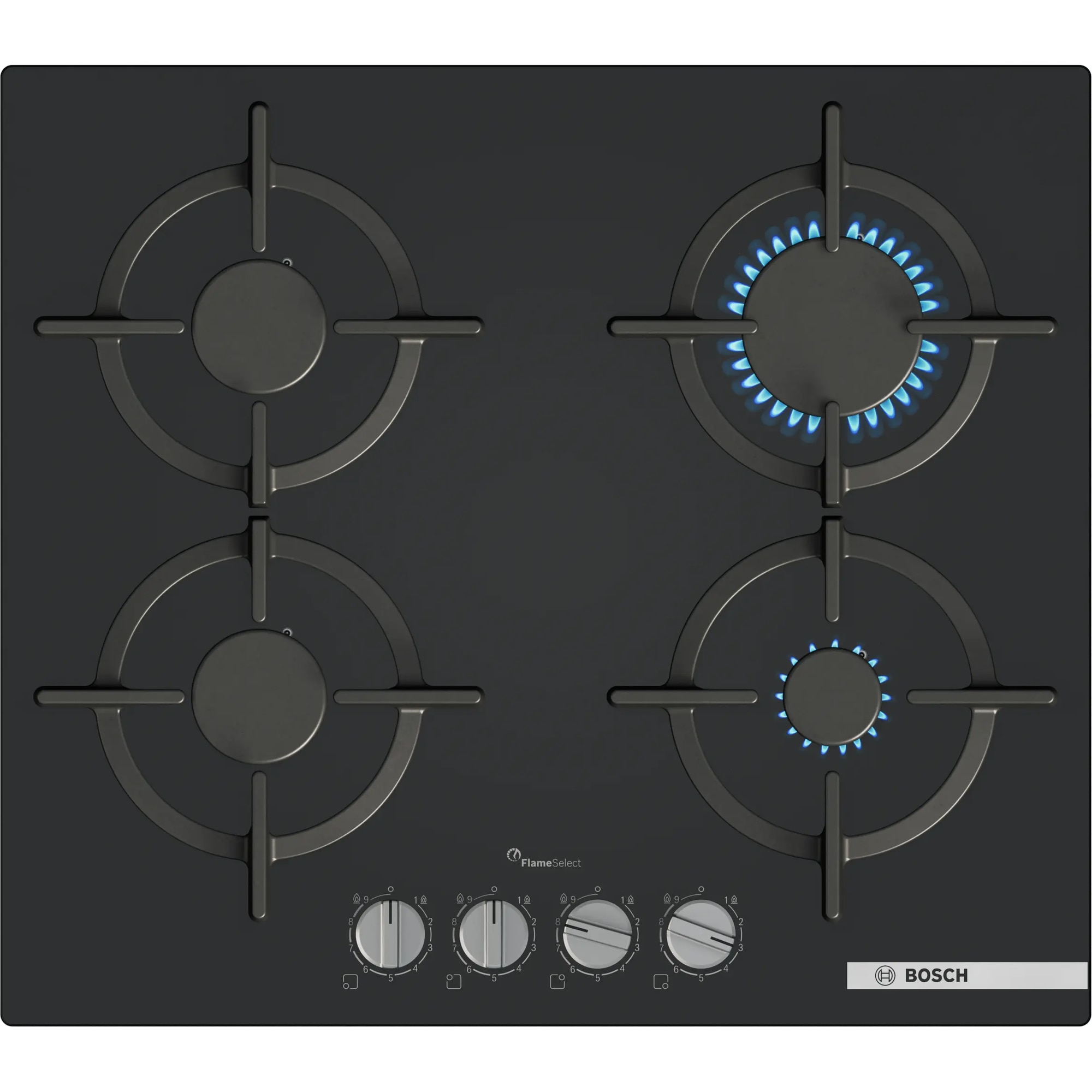Plita incorporabila Bosch PPP6A6I10, Gaz, 4 zone de gatit, Gratare fonta, FlameSelect, Aprindere electrica, 60 cm, Sticla neagra.