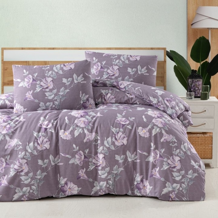 Dupla ágynemű virágmintás, 100% ranforce pamut, lepedő 240x260 cm, 4 részes, First Choice, Santino Lila