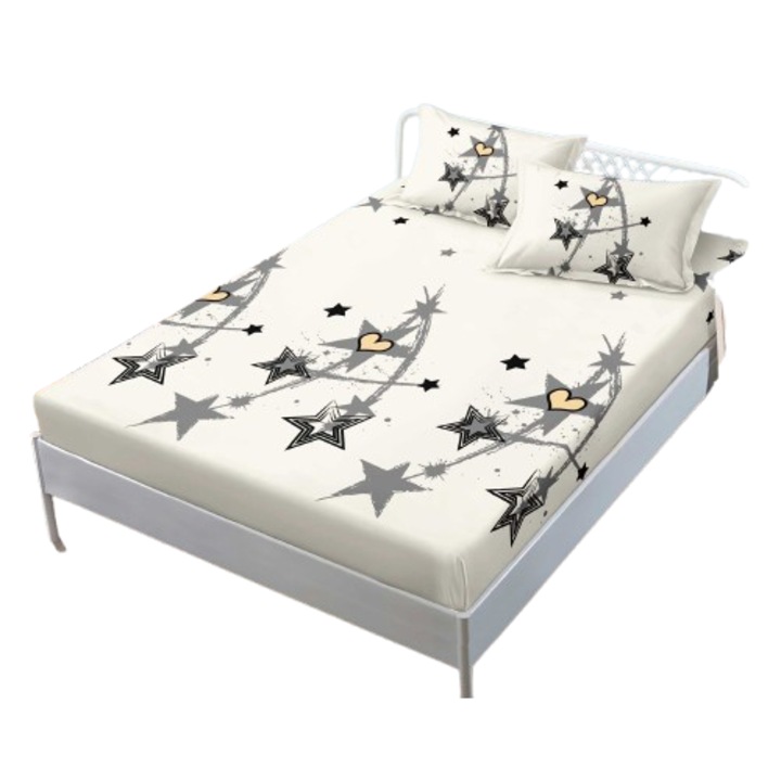 Husa de pat, 2 persoane, cu elastic 180x200 cm, imprimeu stele si inimi